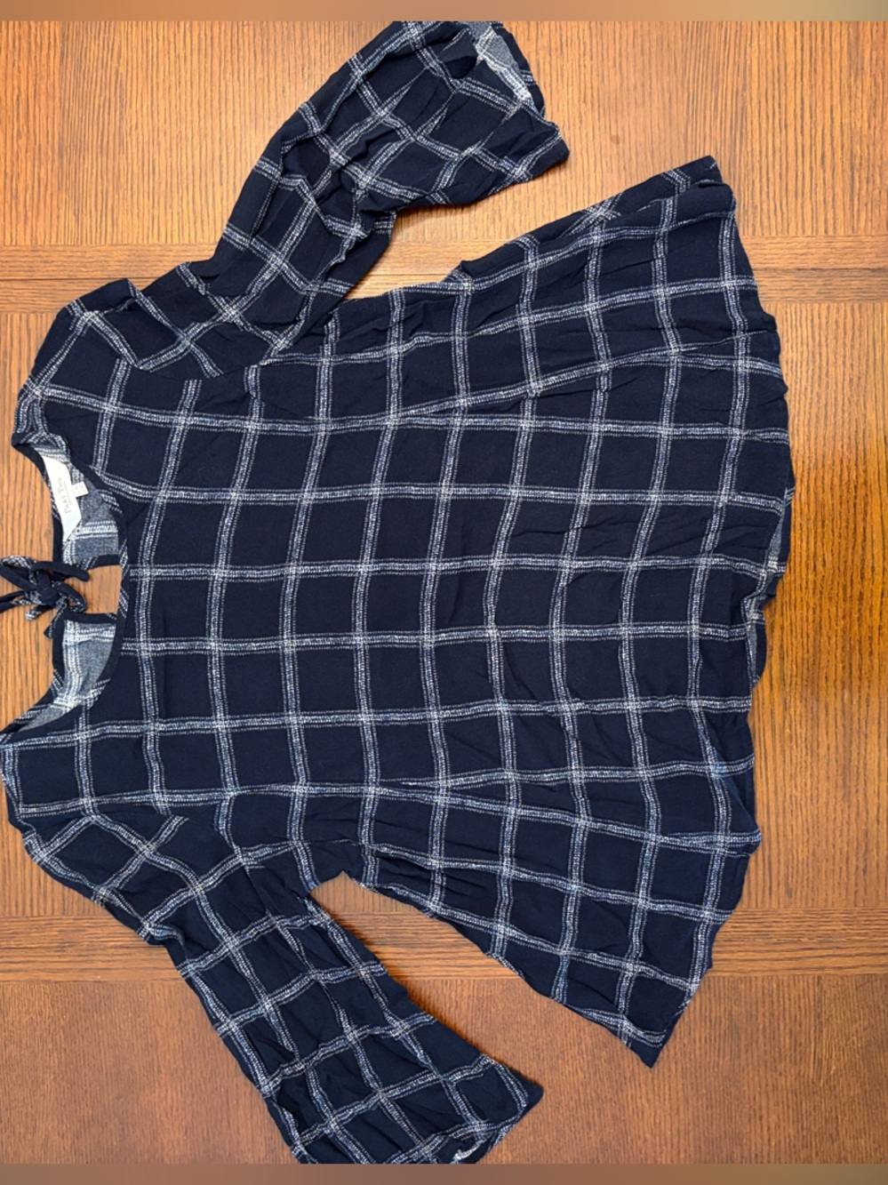 Part Two Navy Plaid Tie-Back Peplum Blouse